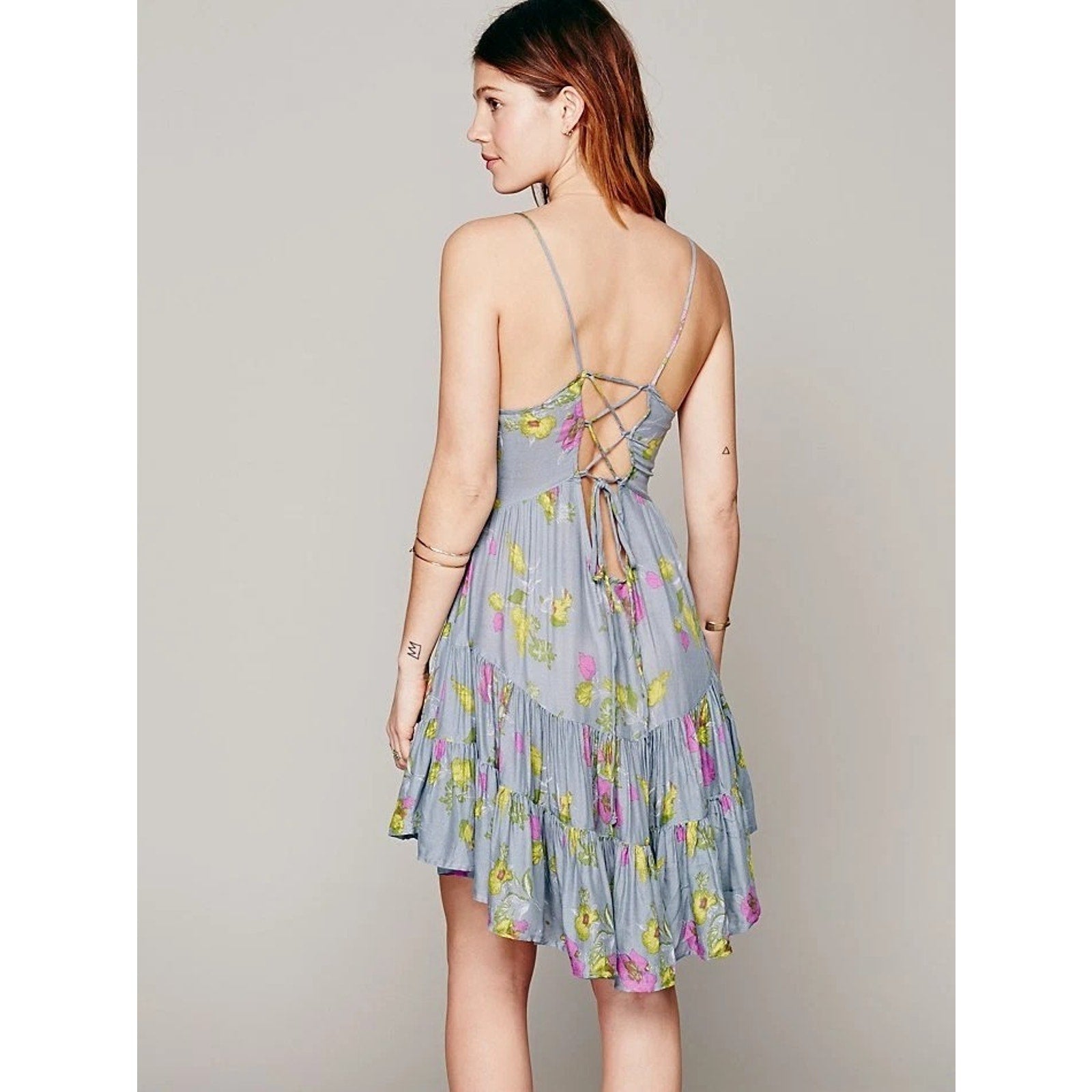 Free People Gray Circle of Flowers Lace Up Floral Print Boho Mini Slip Dress S