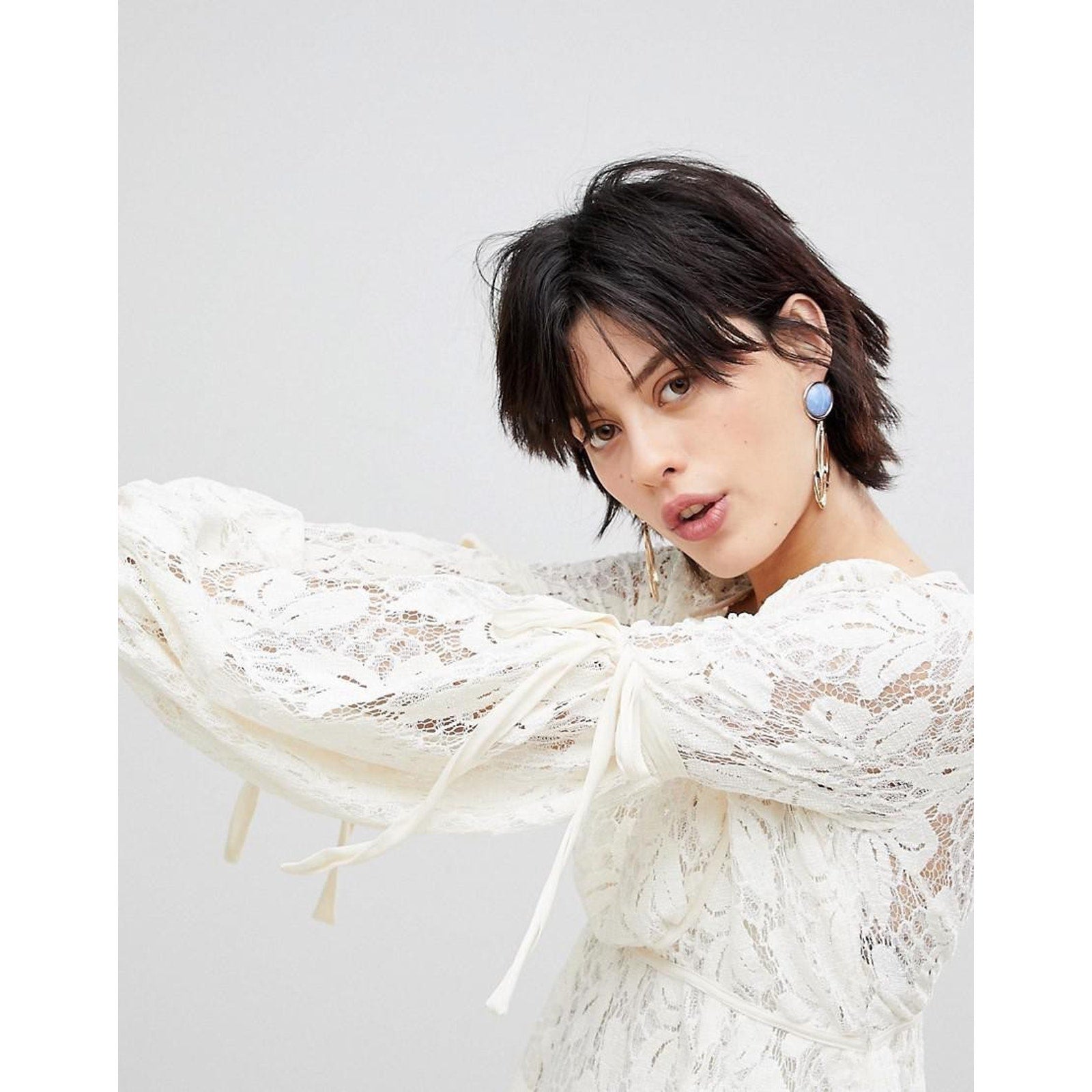 Free People Ruby Lace Dress Cream With Tie Sleeves $128