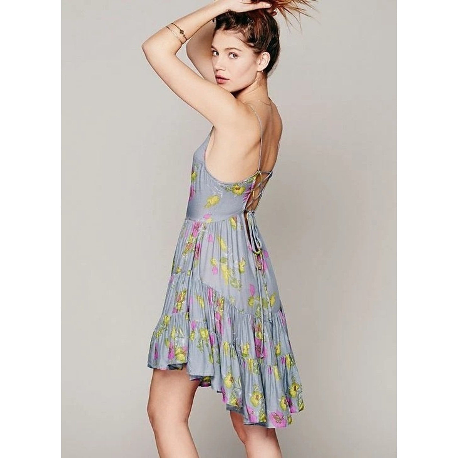 Free People Gray Circle of Flowers Lace Up Floral Print Boho Mini Slip Dress S