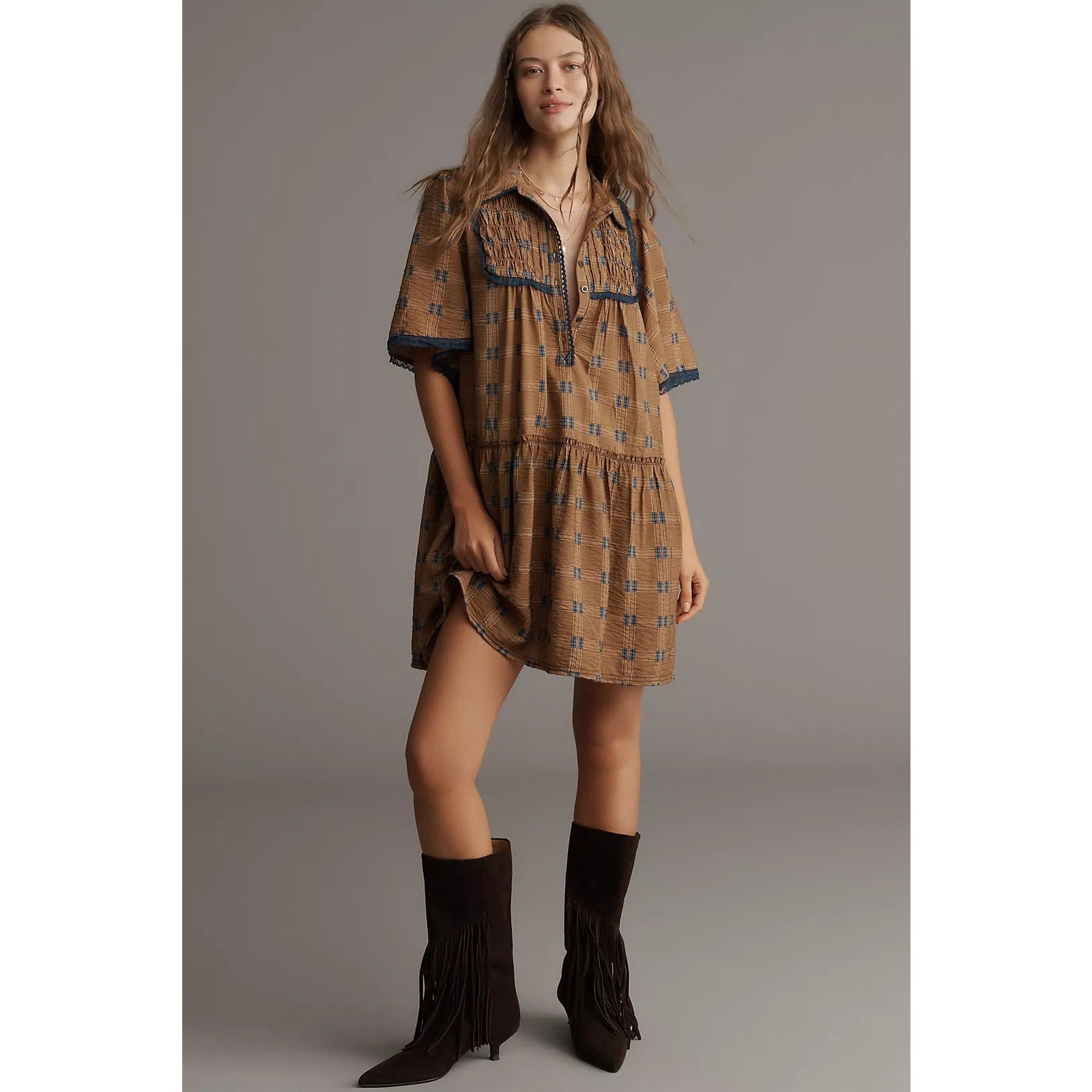 New ANTHROPOLOGIE Pilcro Short-Sleeve Tunic Shirt Dress $158 XXS/XS Brown Motif