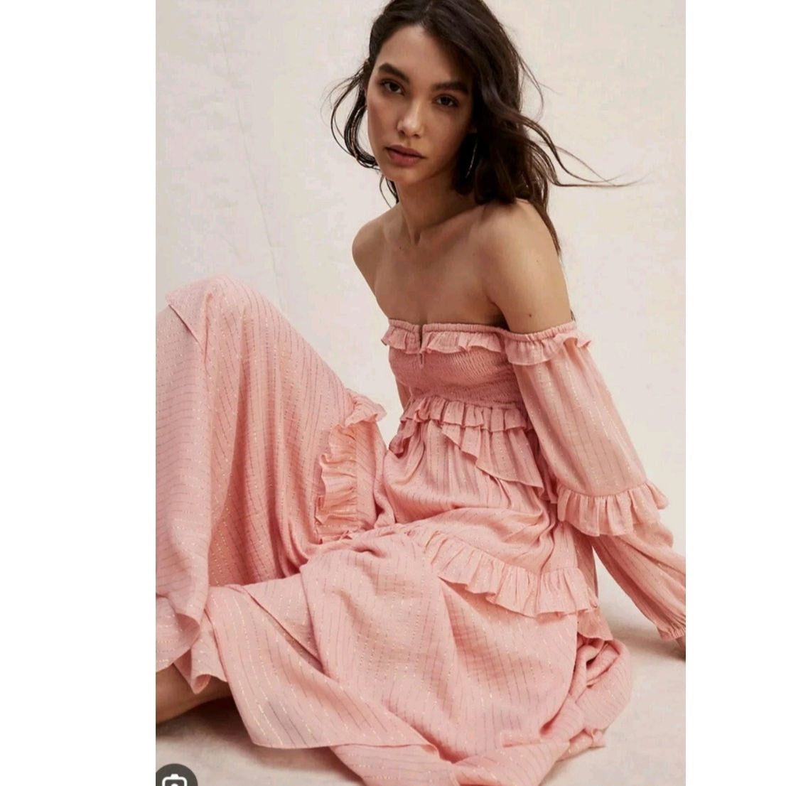 Free People x Spell Clementine Mermaid Maxi Dress $299 XS Pink SMOCKED Ruffled