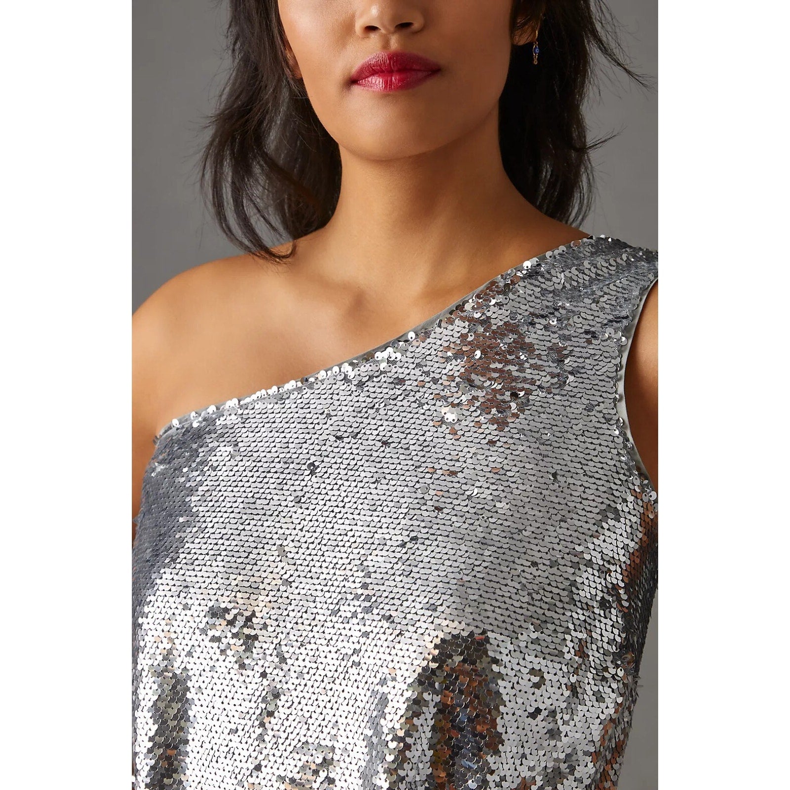 Anthropologie Maeve Silver One-Shoulder Sequin Midi Cocktail Dress Size XXS