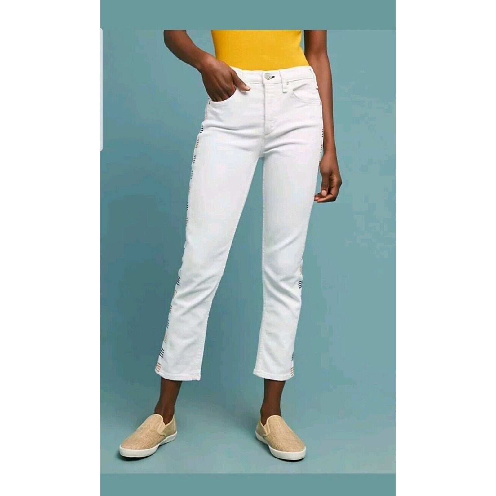 Anthropologie McGuire Valetta High-Rise Straight Cropped Embroidered Jeans SZ 25