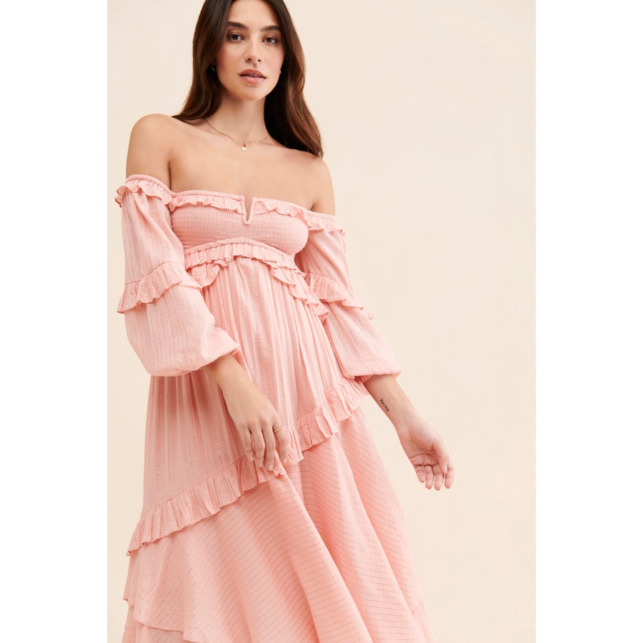 Free People x Spell Clementine Mermaid Maxi Dress $299 XS Pink SMOCKED Ruffled