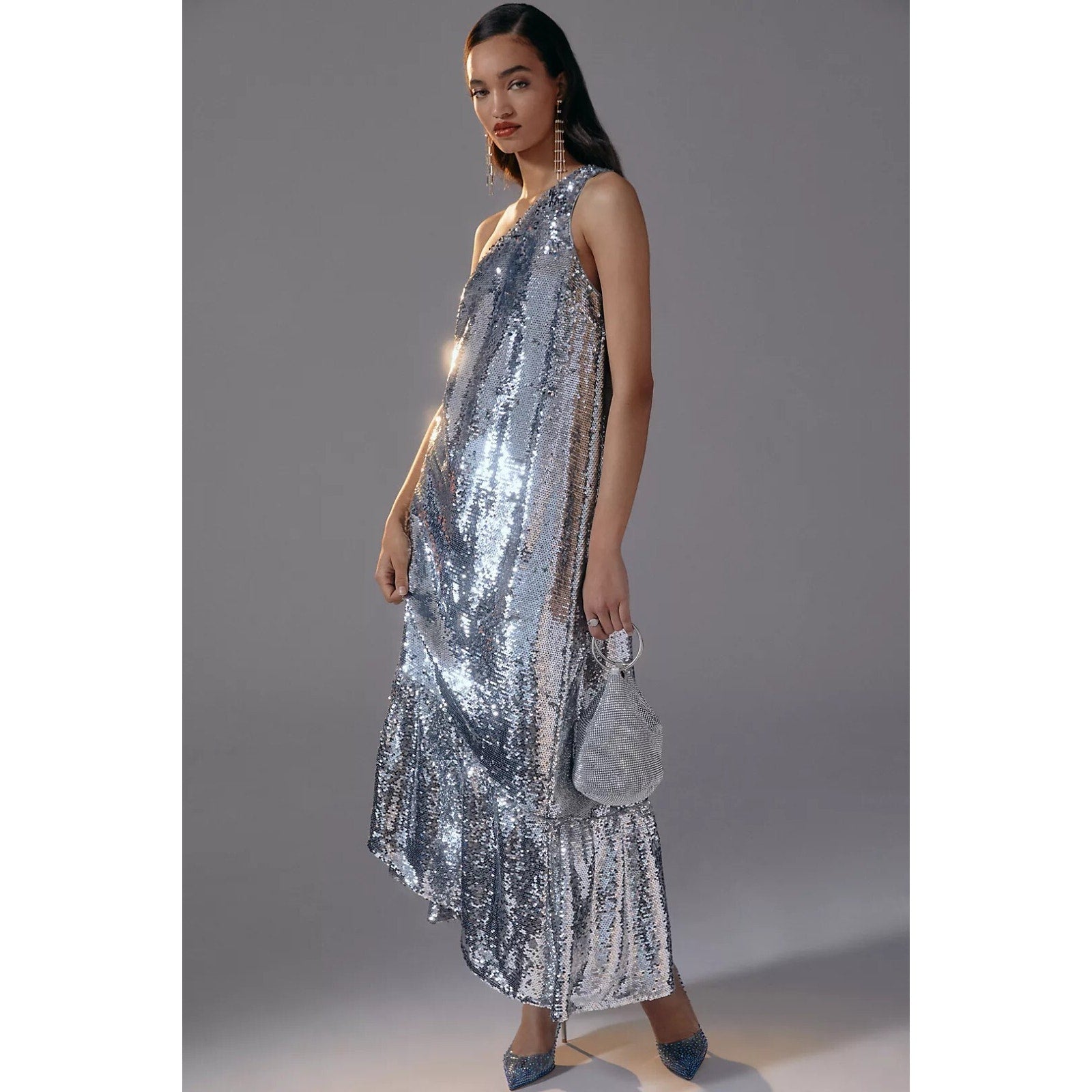 Anthropologie Maeve Silver One-Shoulder Sequin Midi Cocktail Dress Size XXS