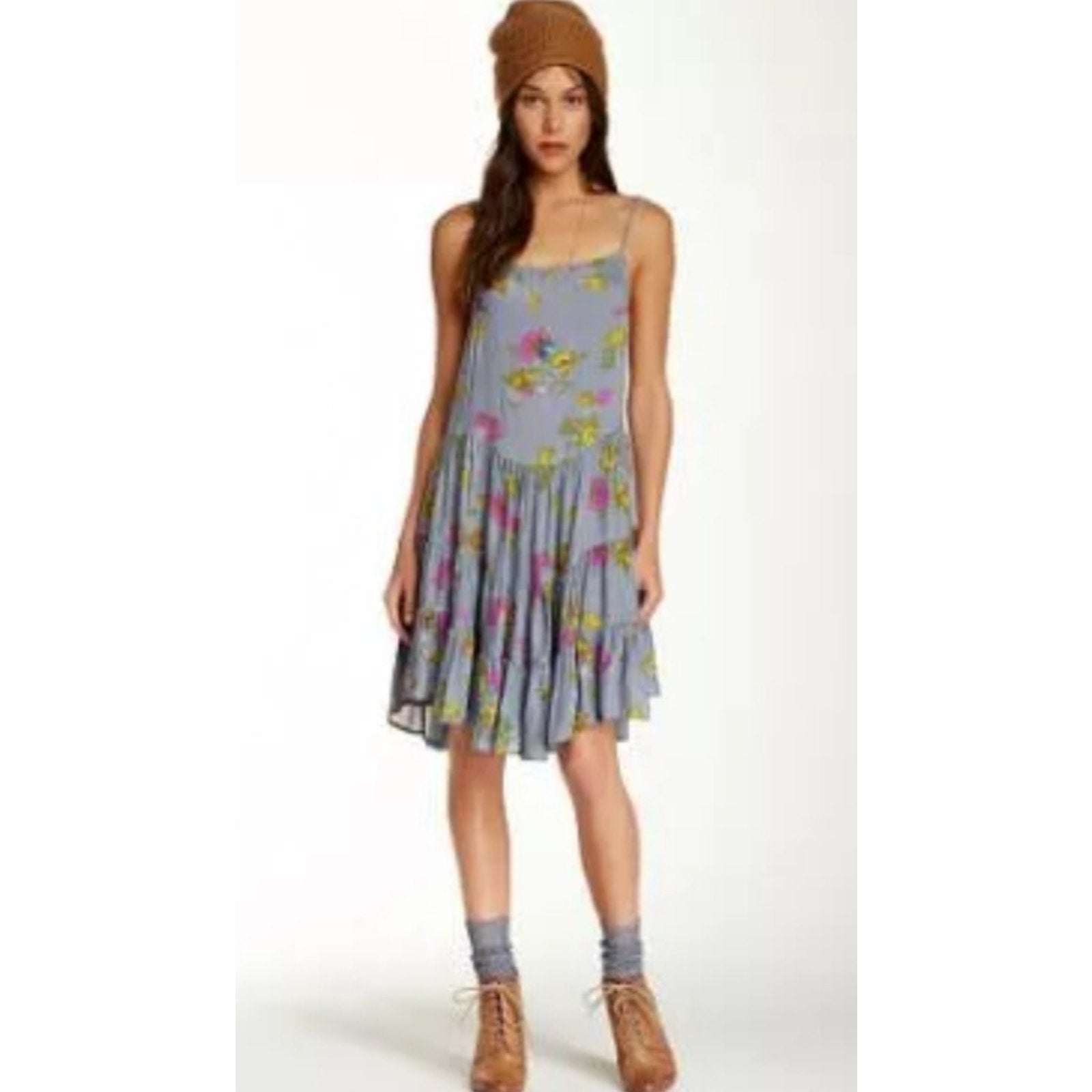Free People Gray Circle of Flowers Lace Up Floral Print Boho Mini Slip Dress S