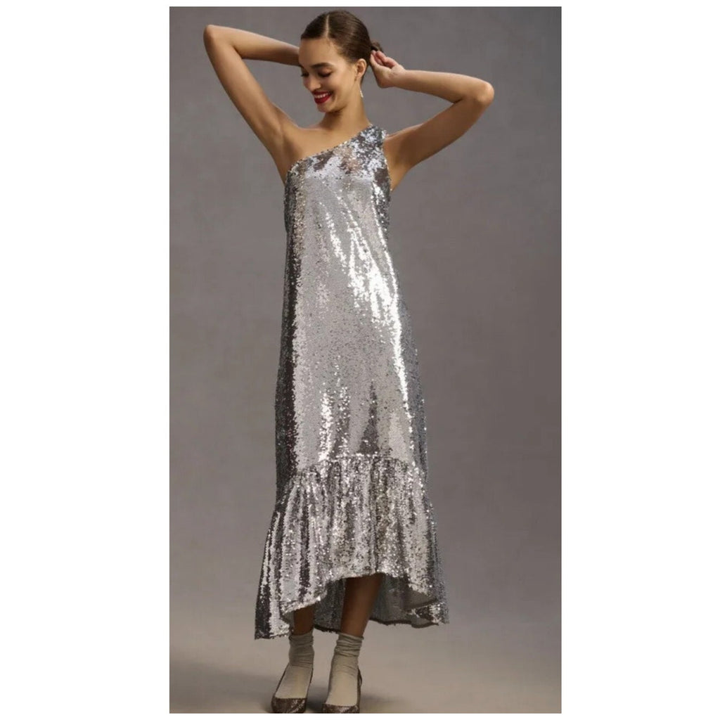 Anthropologie Maeve Silver One-Shoulder Sequin Midi Cocktail Dress Size XXS