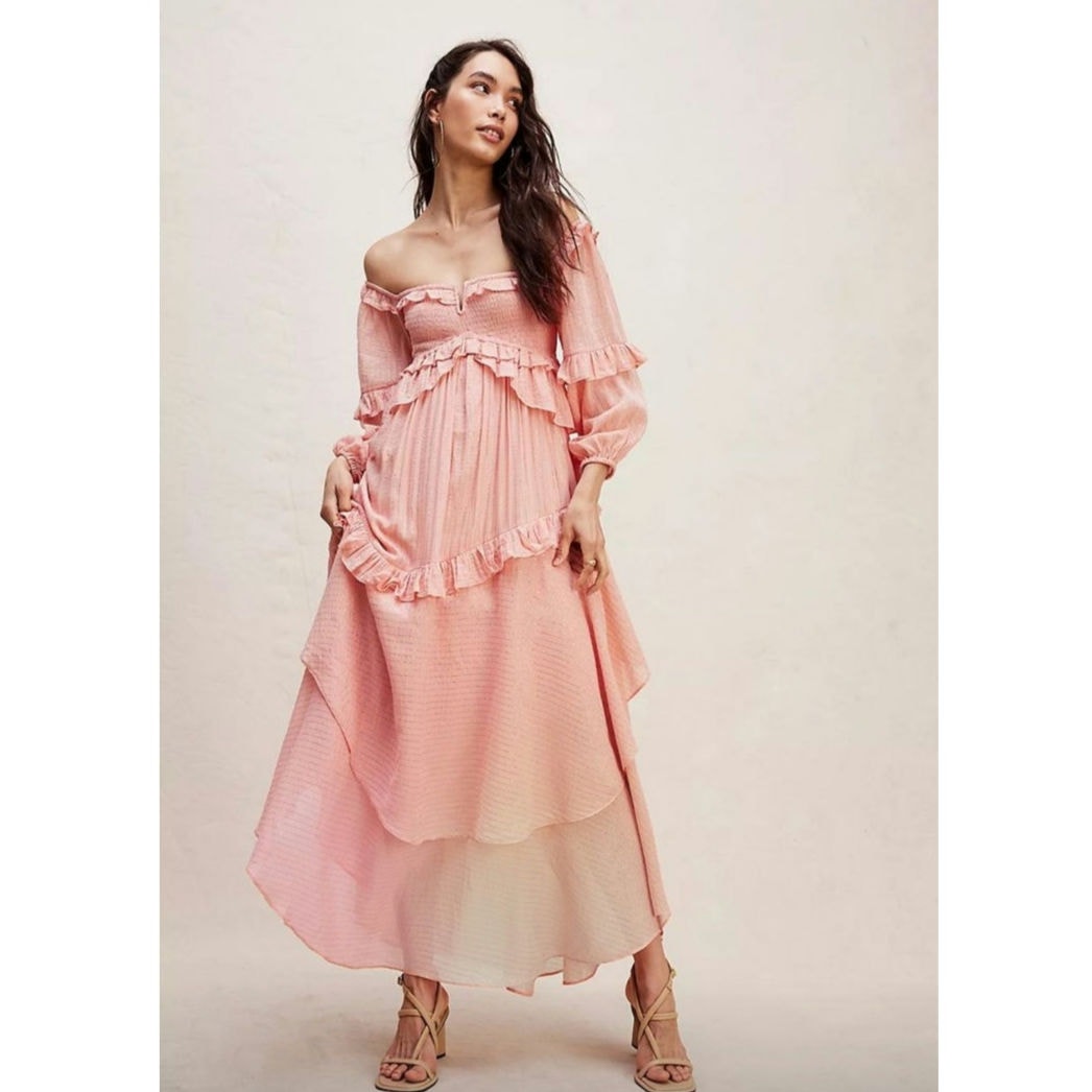 Free People x Spell Clementine Mermaid Maxi Dress $299 XS Pink SMOCKED Ruffled