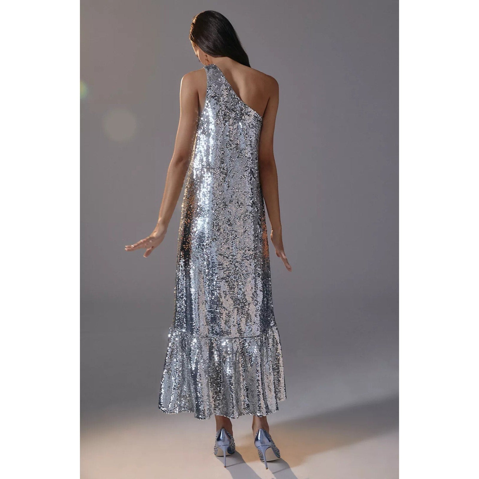 Anthropologie Maeve Silver One-Shoulder Sequin Midi Cocktail Dress Size XXS