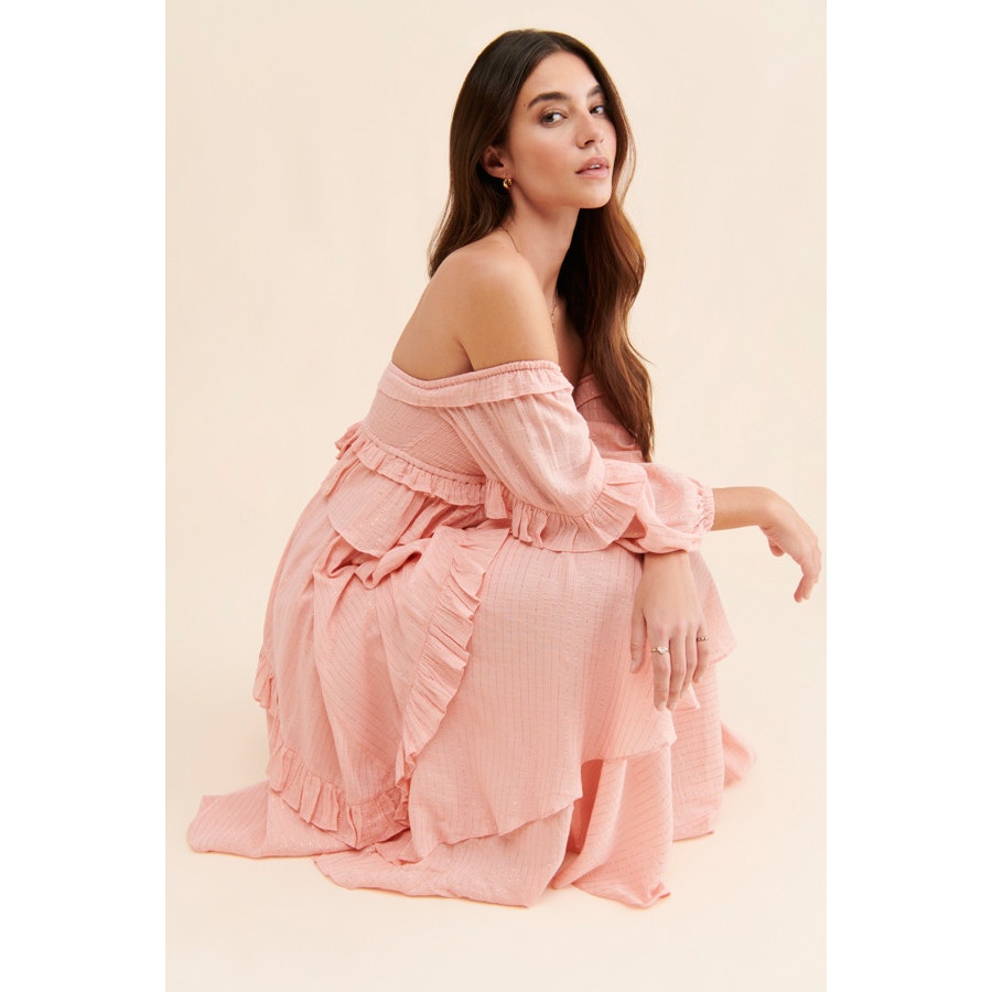Free People x Spell Clementine Mermaid Maxi Dress $299 XS Pink SMOCKED Ruffled
