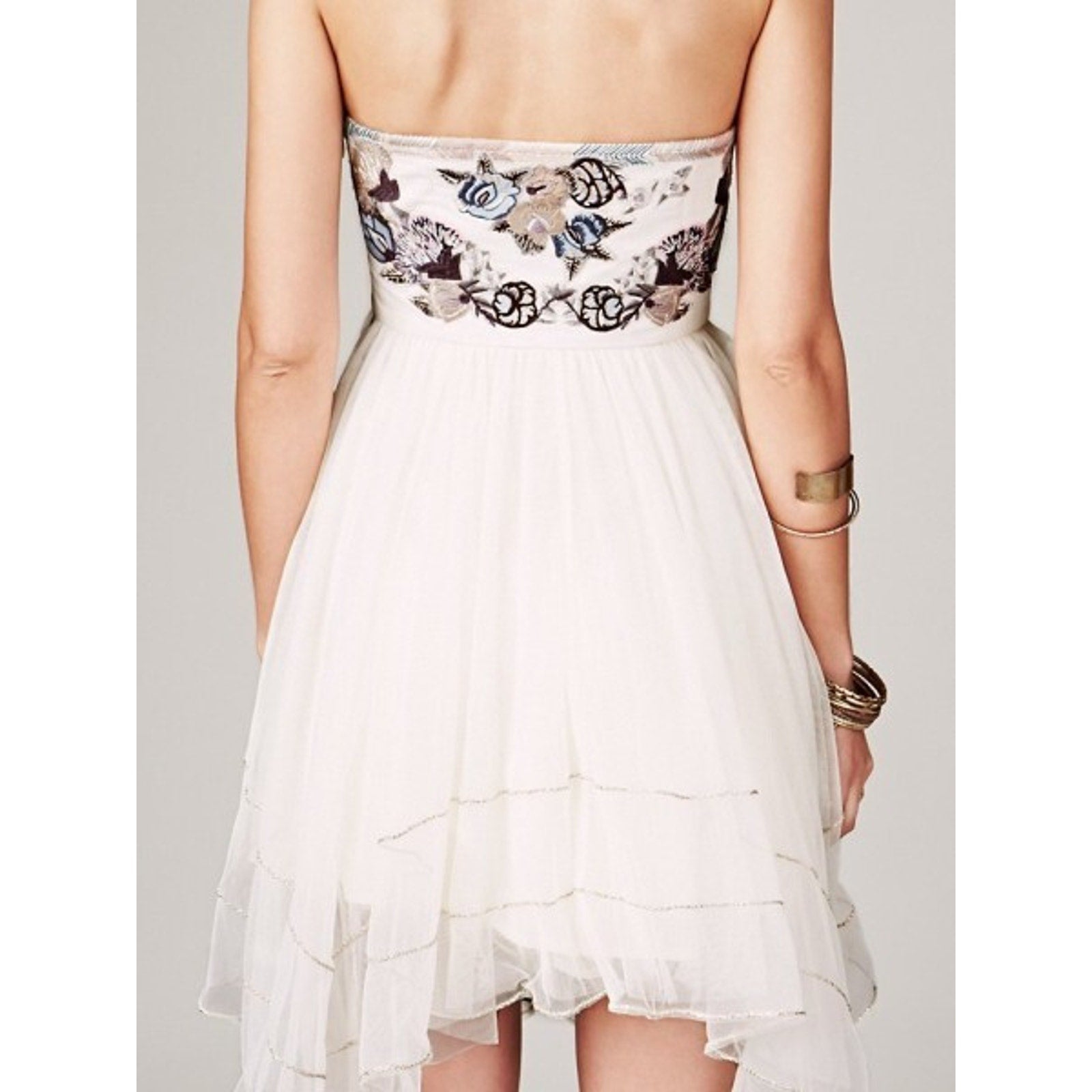 Free People Festive Bodice Floral Embroidery Cream Dress Blue Size 10