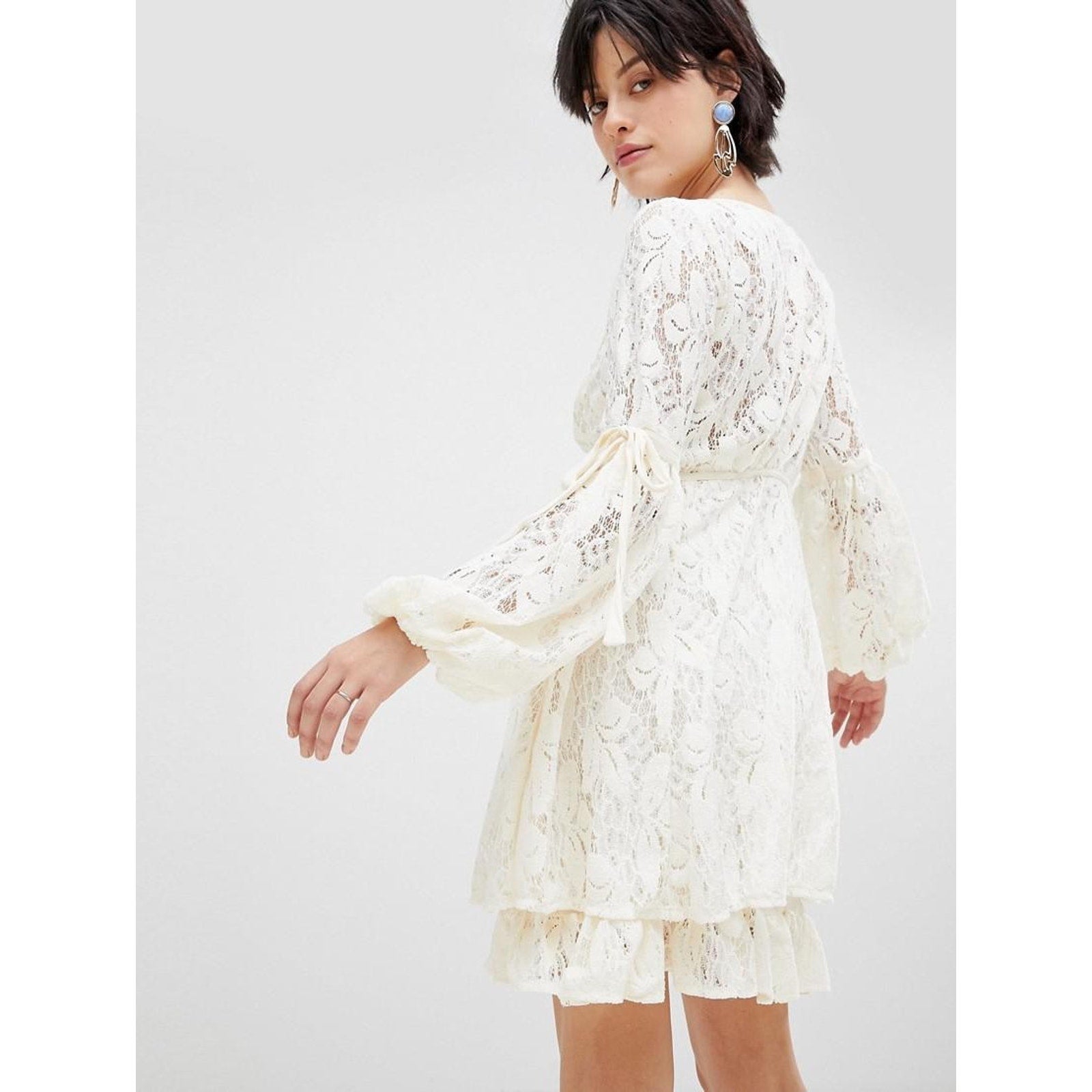 Free People Ruby Lace Dress Cream With Tie Sleeves $128