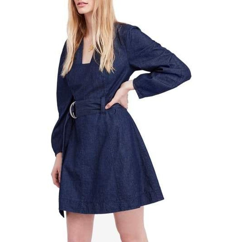 New Free People Karmen Chambray Dress $148 SMALL Deep Sea Wash Boho-Chic