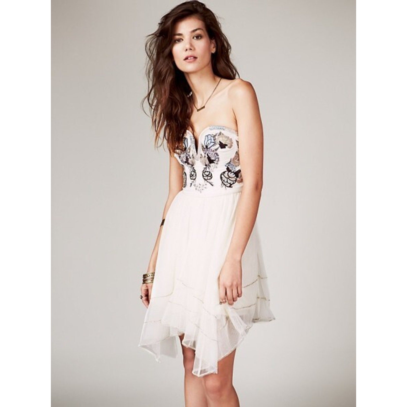 Free People Festive Bodice Floral Embroidery Cream Dress Blue Size 10