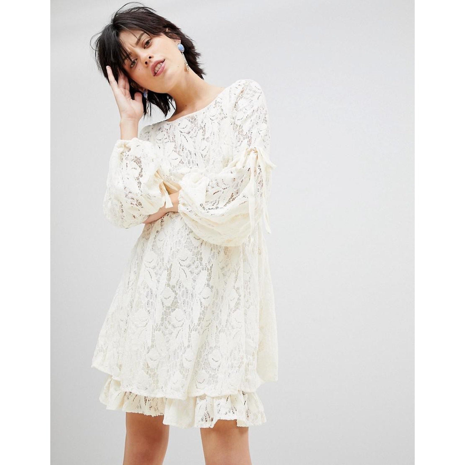 Free People Ruby Lace Dress Cream With Tie Sleeves $128