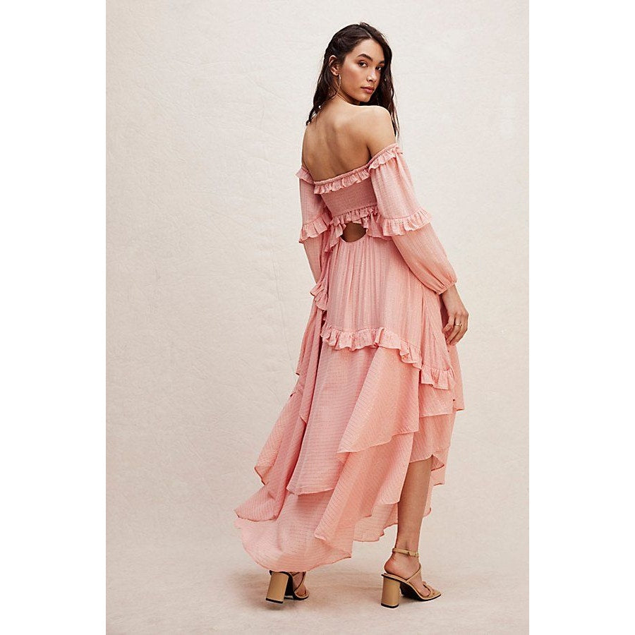Free People x Spell Clementine Mermaid Maxi Dress $299 XS Pink SMOCKED Ruffled