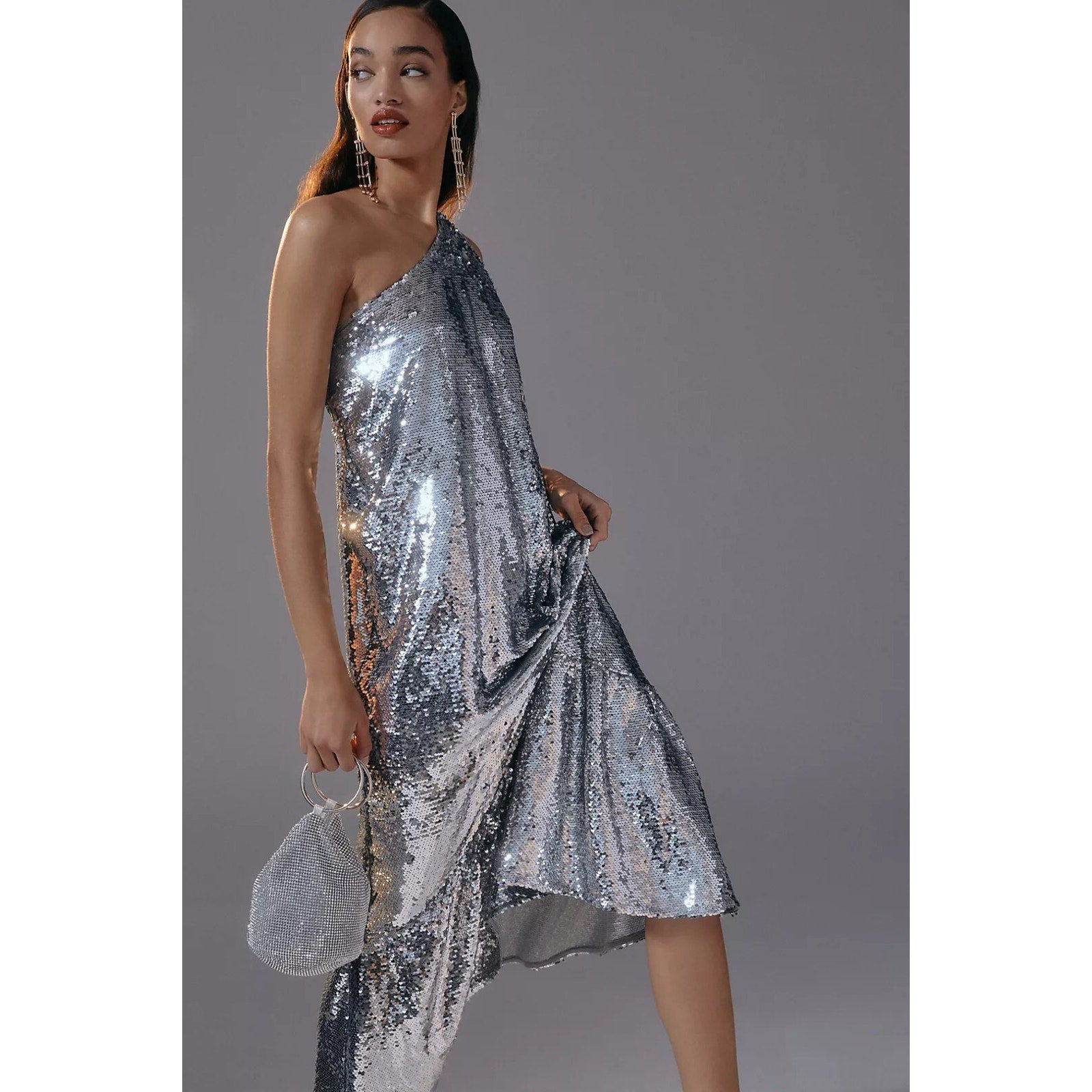 Anthropologie Maeve Silver One-Shoulder Sequin Midi Cocktail Dress Size XXS