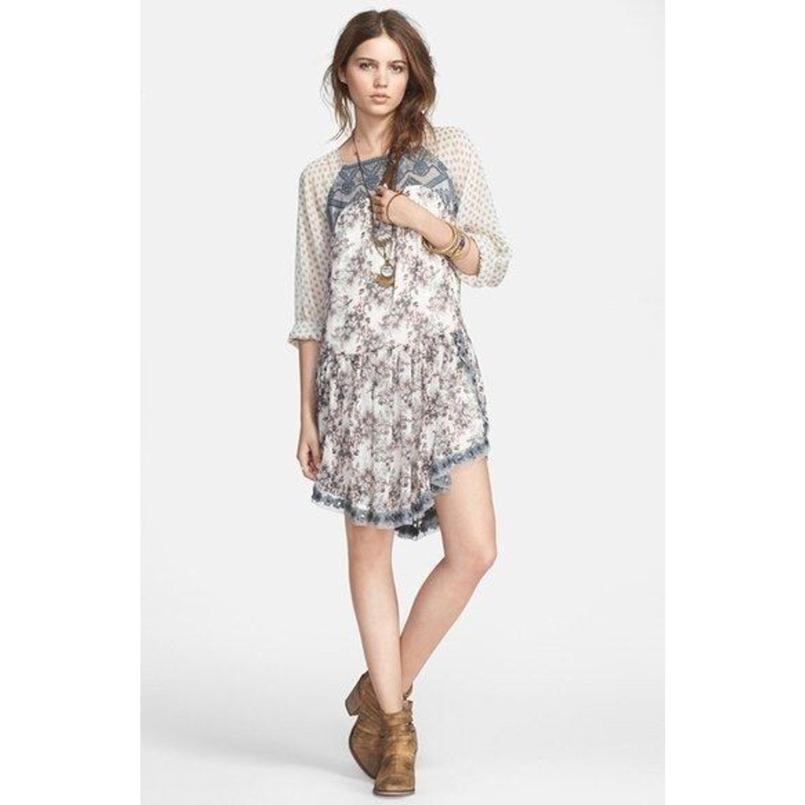 Free people Elsie Sheer Lace Boho Dress in Midnight Garden Combo Size XS Mini