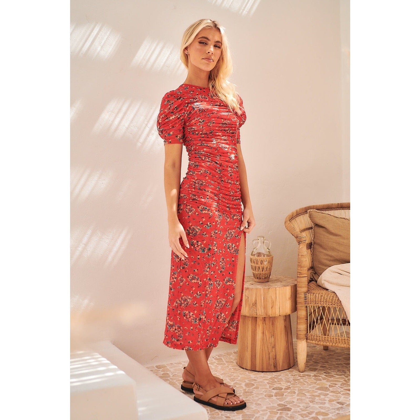 Free People $168 Red Briella Floral Ruched Midi Dress Size Small