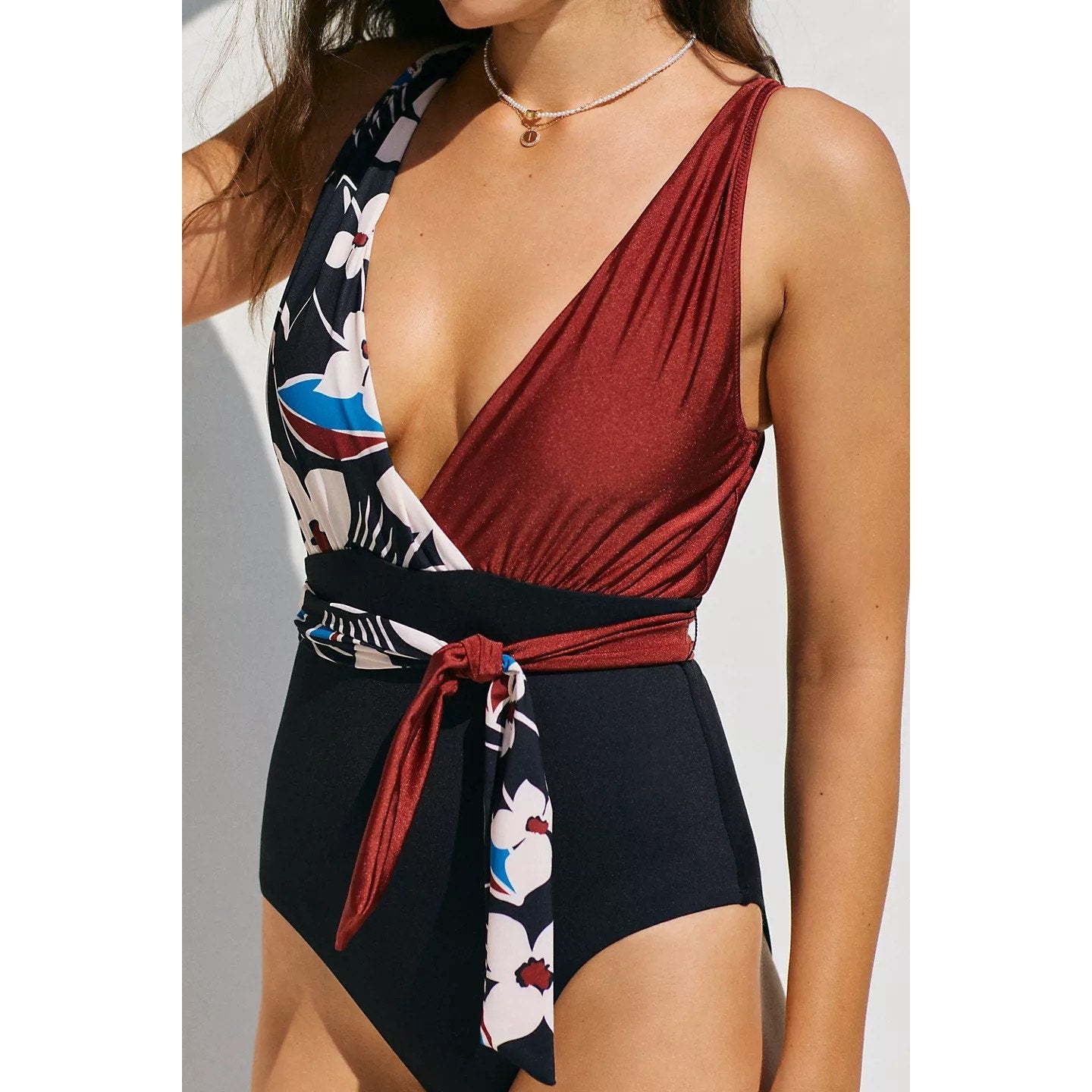 Anthropologie Sanctuary Tie-Front Floral Plunge One-Piece Swimsuit $125 Small