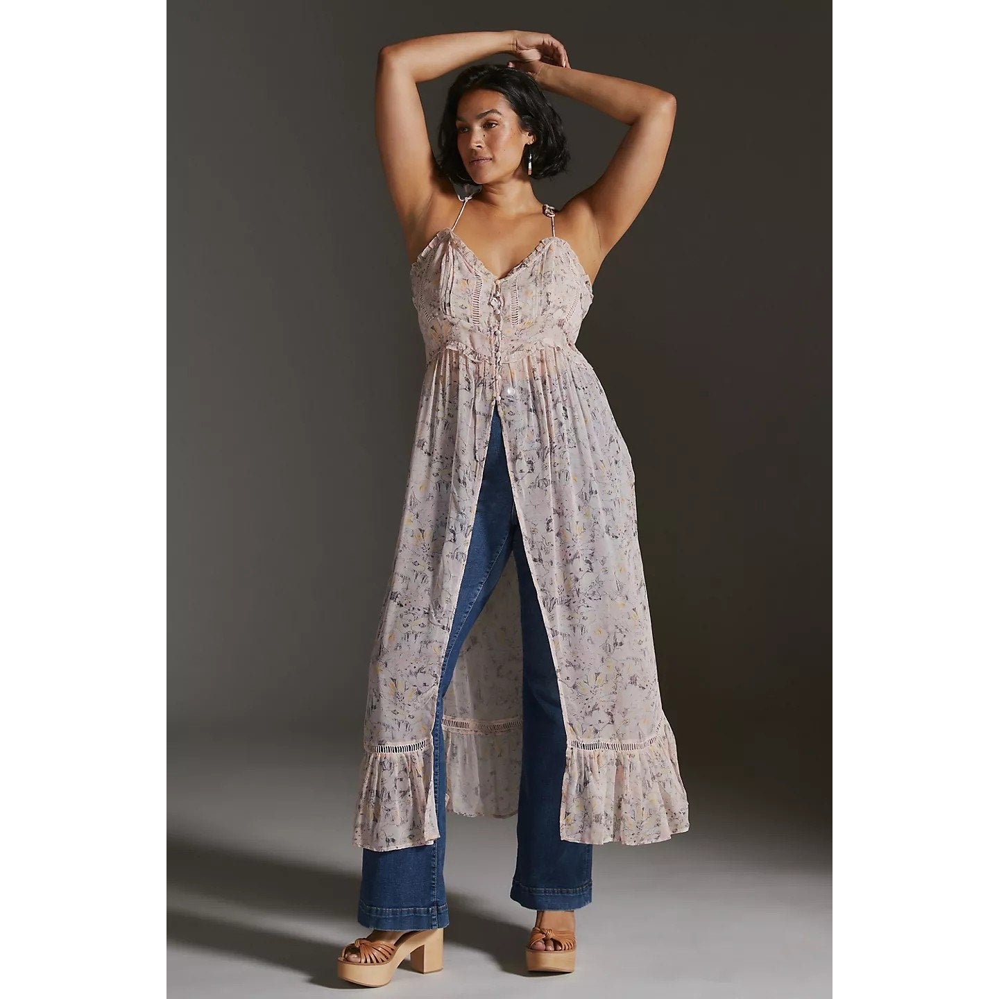 By Anthropologie Sheer Curtain MAXI Top $130 X-SMALL Pink Floral