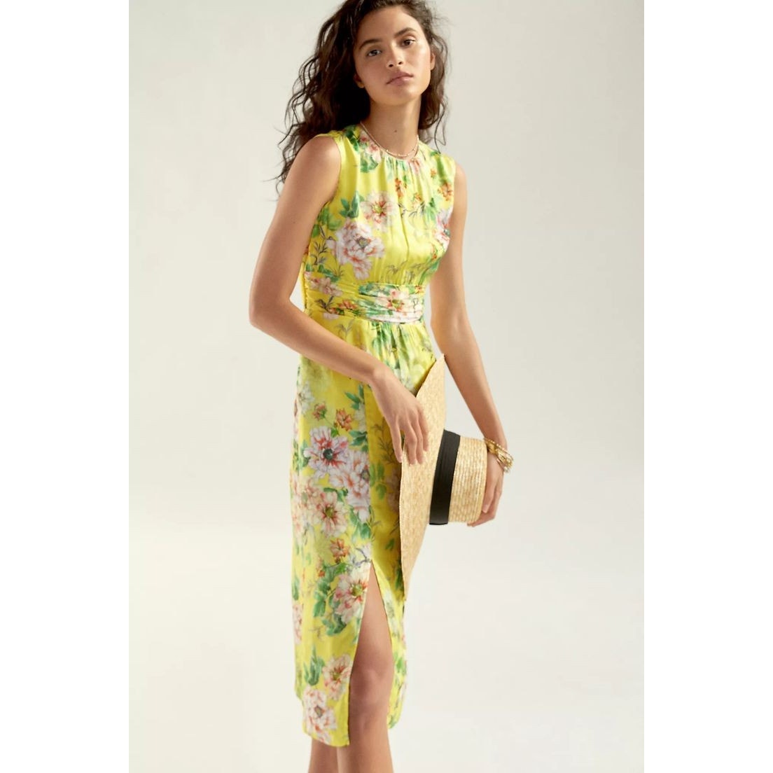Anthropologie Sparrow Silky Floral Midi Dress $238 SIZE 6 Yellow Slit Hem