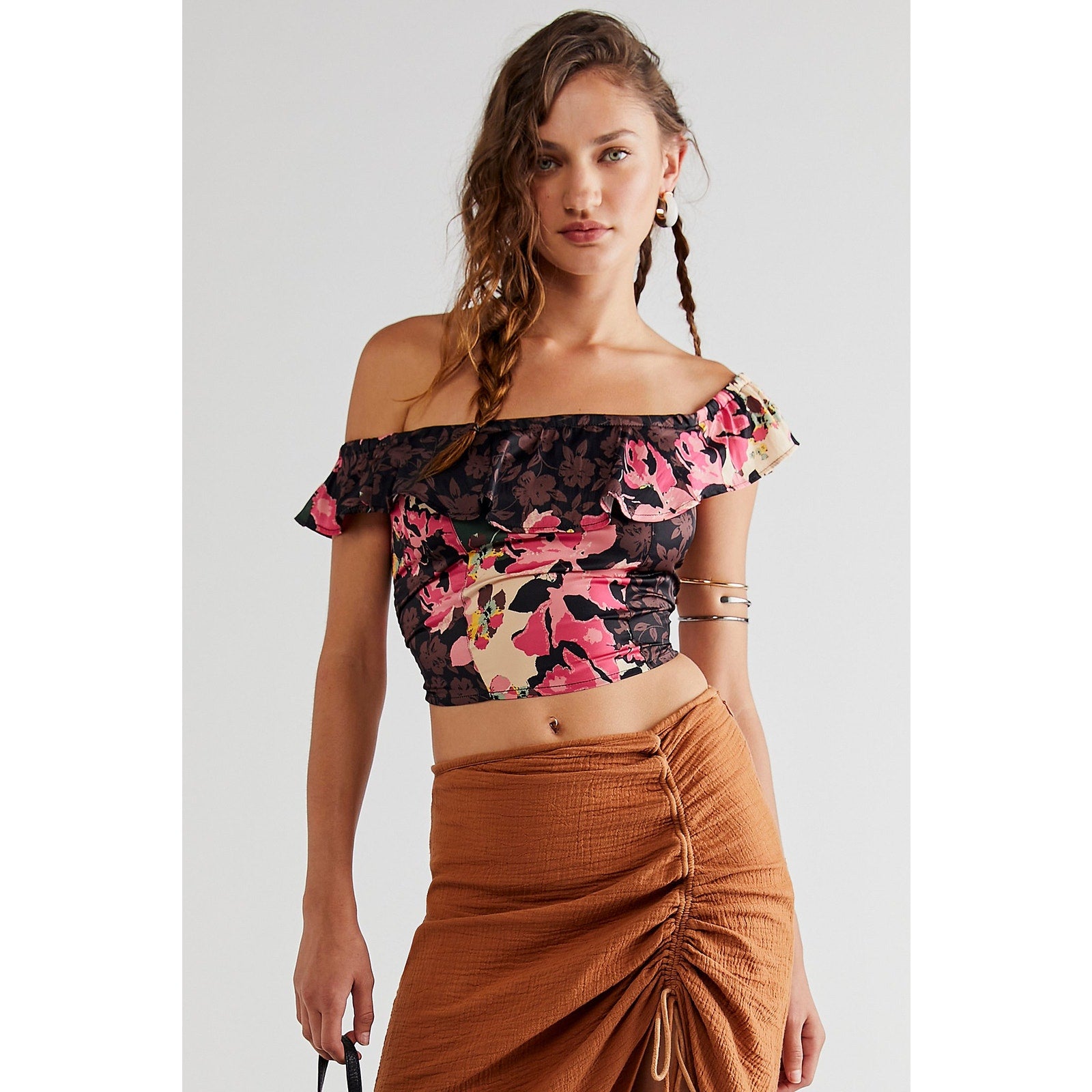 Free People Mimi Off The Shoulder Ruffled Top $118 SMALL Retro Floral Smocked