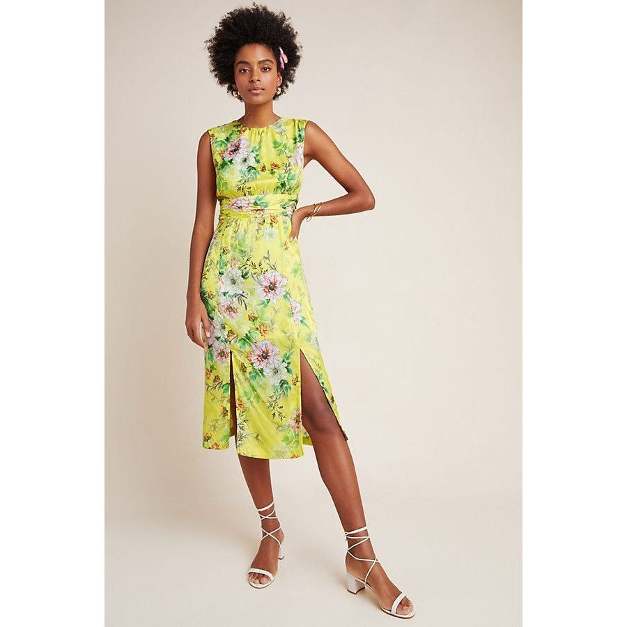 Anthropologie Sparrow Silky Floral Midi Dress $238 SIZE 6 Yellow Slit Hem