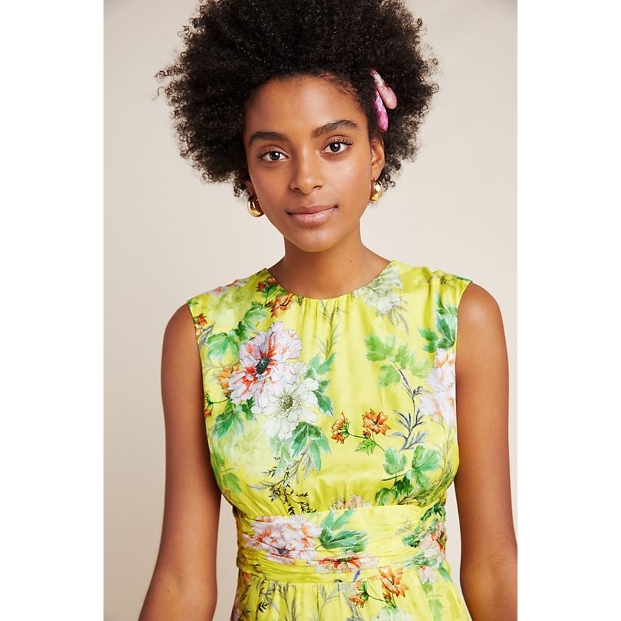 Anthropologie Sparrow Silky Floral Midi Dress $238 SIZE 6 Yellow Slit Hem