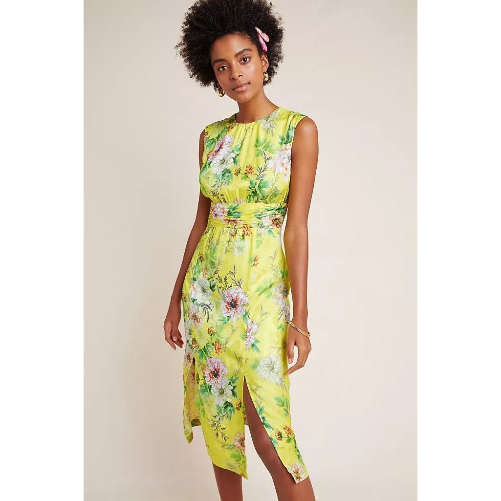 Anthropologie Sparrow Silky Floral Midi Dress $238 SIZE 6 Yellow Slit Hem