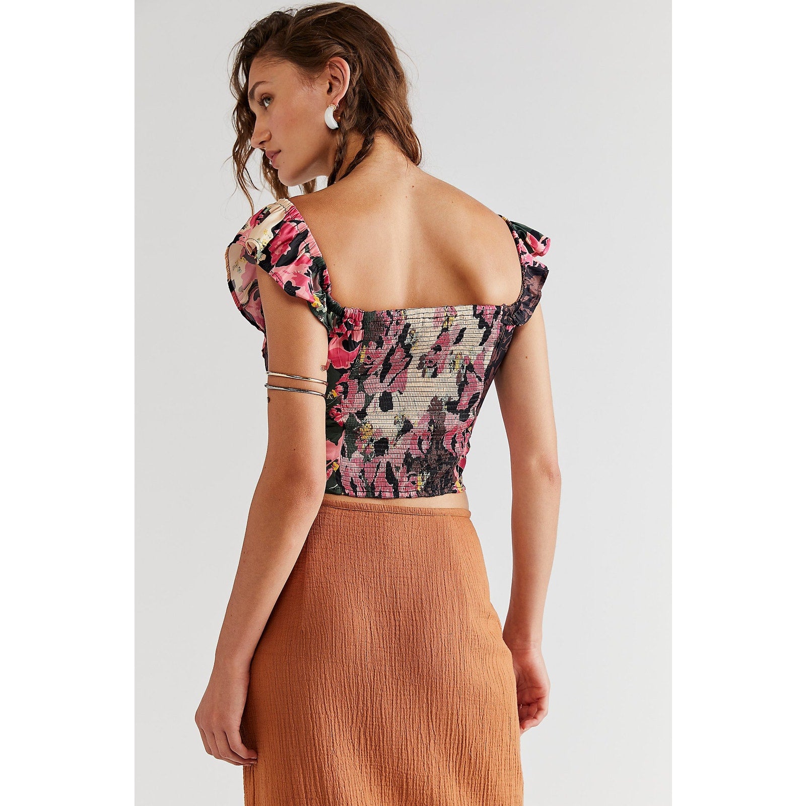 Free People Mimi Off The Shoulder Ruffled Top $118 SMALL Retro Floral Smocked