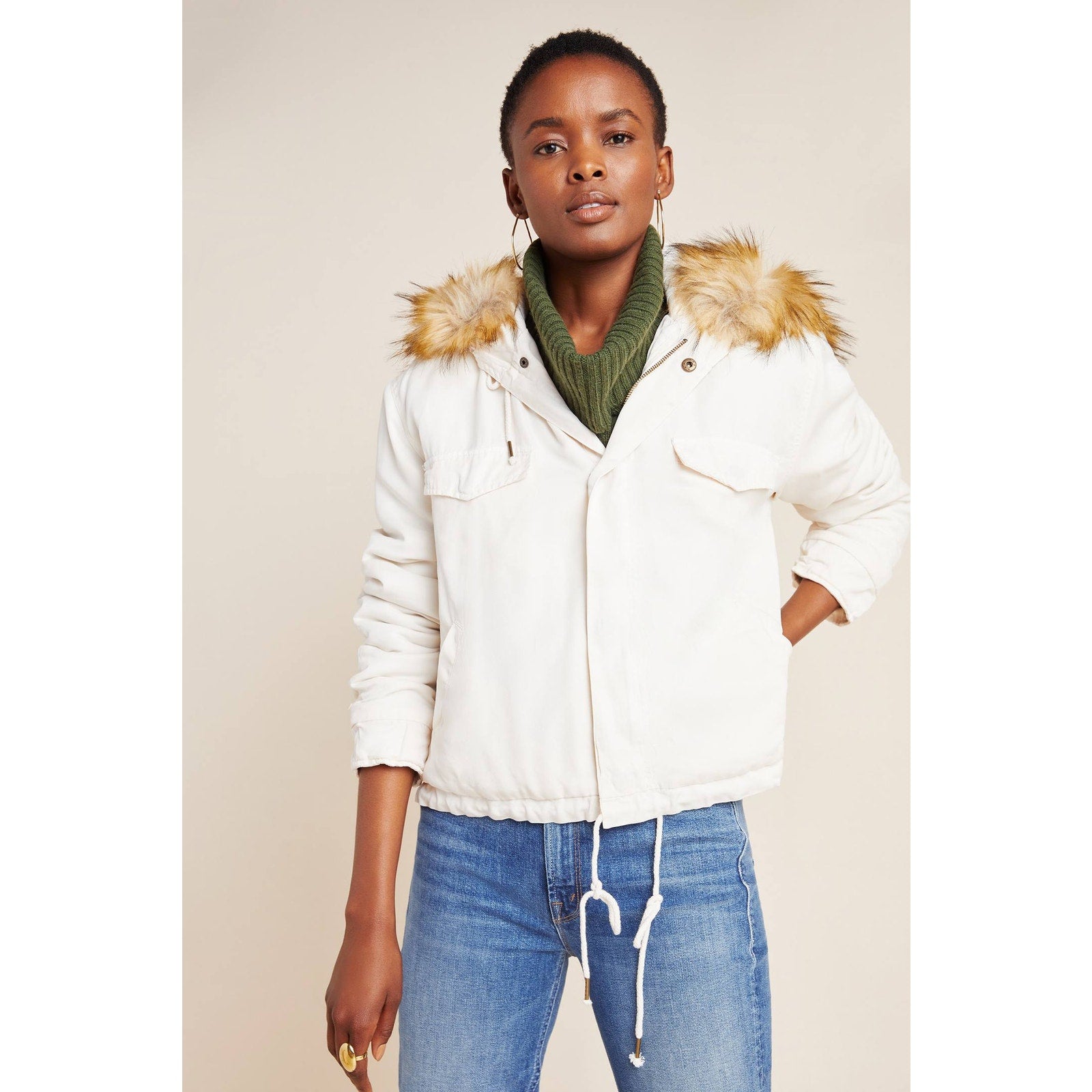 Anthropologie Weller Faux Fur Trim Utility Jacket by On the Road $282 IVORY XS